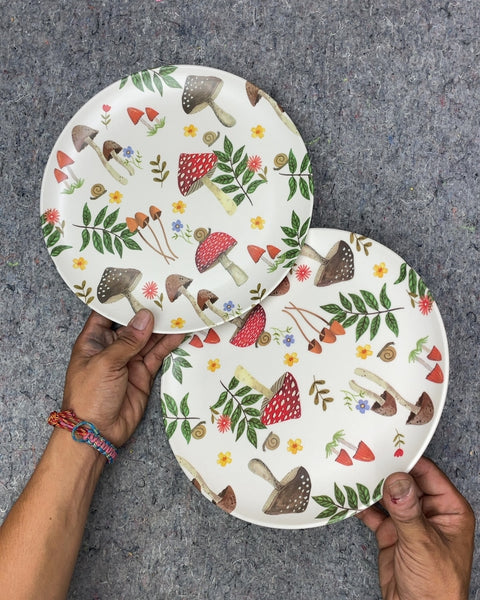Mushroom and Floral Print Hard Plastic Plates