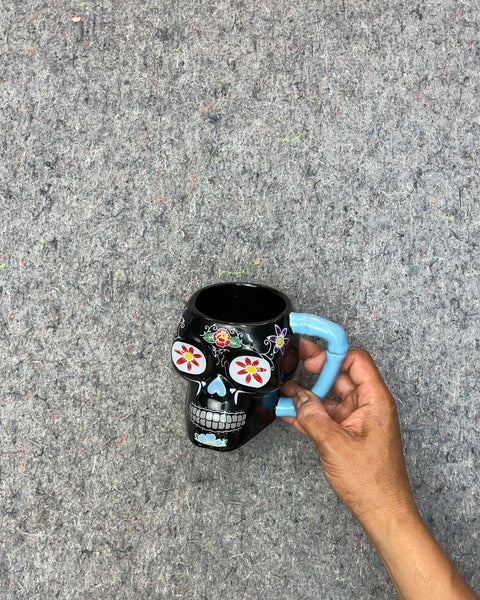 Black Skull Mug with Floral Design