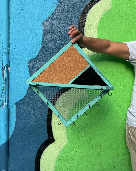 Teal Wood and Cork Wall Organizer, 13x13"