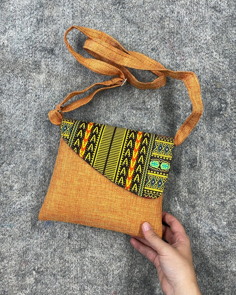 Structured Orange Crossbody Bag with Patterned Flap