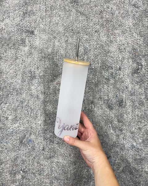 Frosted Glass Tumbler with Bamboo Lid and Metal Straw