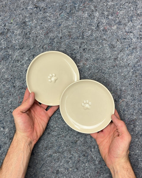 Set of 2 Ceramic Pet Food Plates with Paw Print