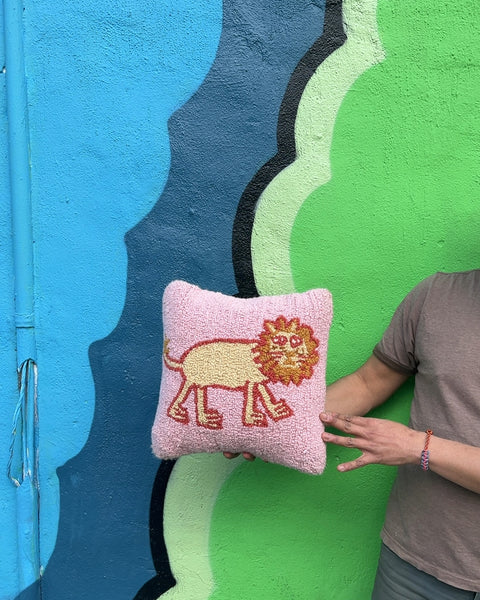 Chandler 4 Corners Lion Pillow Hooked Wool, 13x13"