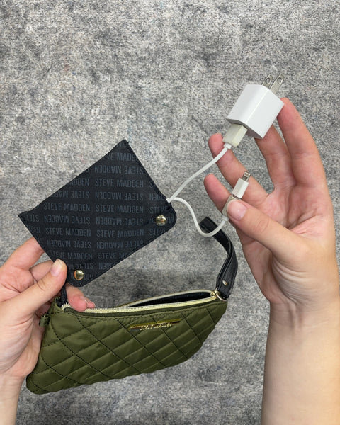 Steve Madden Quilted Charging Wristlet in Olive Green