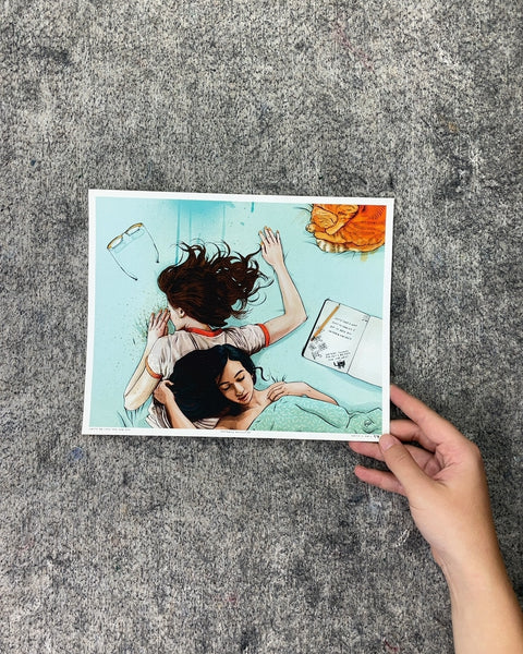 Two Women and Cat Art Print, 8 x 10 in