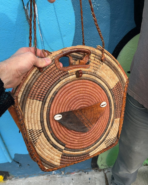 African Handmade Woven Straw and Leather Shoulder Bag