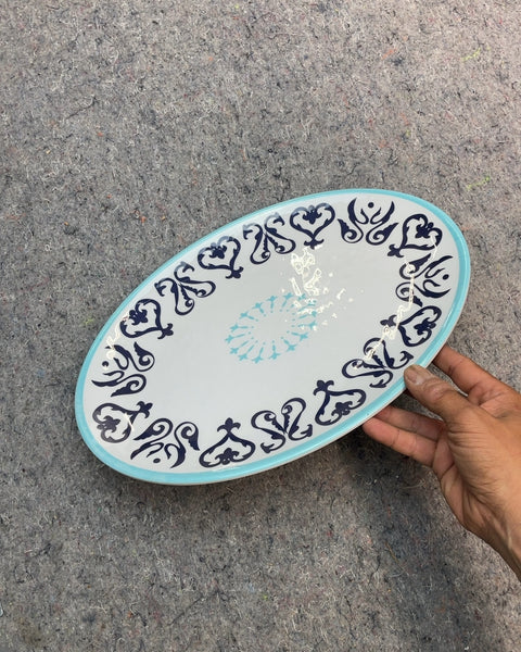 Oval Serving Platter with Blue Pattern