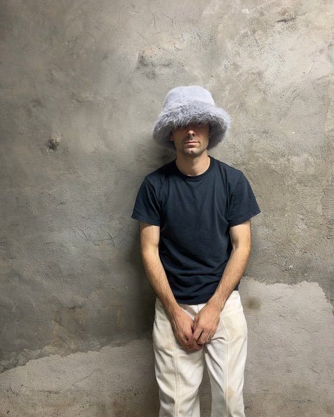 Faux Fur Fluffy Bucket Hat in Grey, Size 58