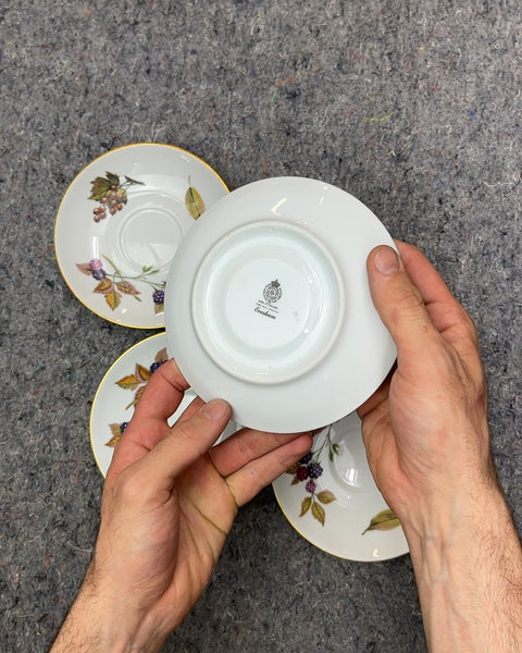 Four White Saucers with Berry and Leaf Design, Made In England