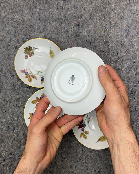 Four White Saucers with Berry and Leaf Design, Made In England