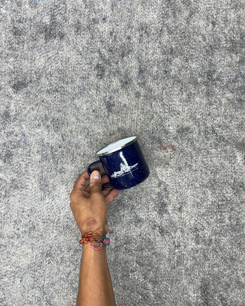 Blue Speckled Enamel Camp Mug with Boat Graphic