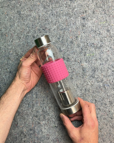 Glass Tea Infuser Water Bottle with Pink Silicone Sleeve