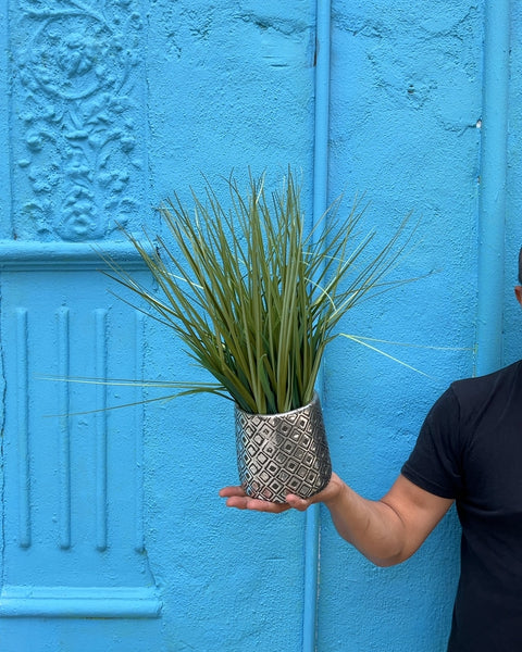 Faux Grass Plant in Silver Embossed Planter