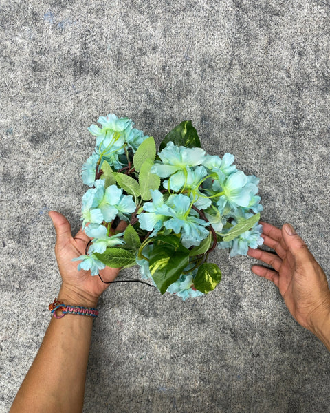 Faux Floral Light Blue Flower and Green Leaf Garland