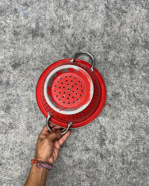Red and Stainless Steel Footed Colander with Handles