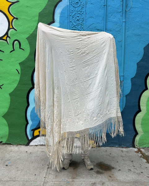Embroidered Cream Shawl with Fringes