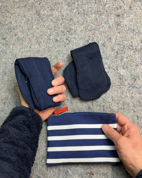 Navy Blue and White Striped Pouch with Two Pairs of Plane Socks