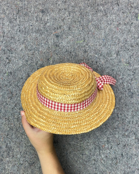 Small Straw Boater Hat with Red Gingham Ribbon, Sz 50cm