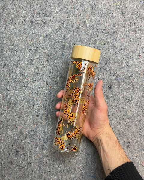 Glass Water Bottle with Leopard Print and Tea Infuser
