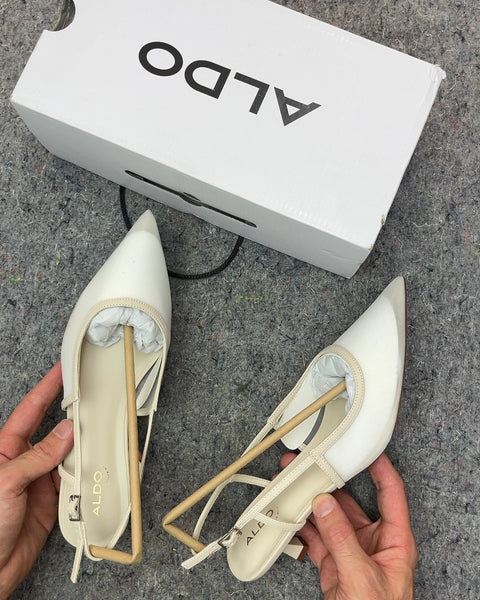Brand New ALDO White Pointed Toe Maxina Slingback Heels, Size US 8.5W or EU 39