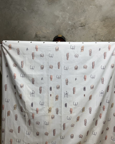 White Shower Curtain with Buttocks Pattern, One Stain You Should Be Able To Clean