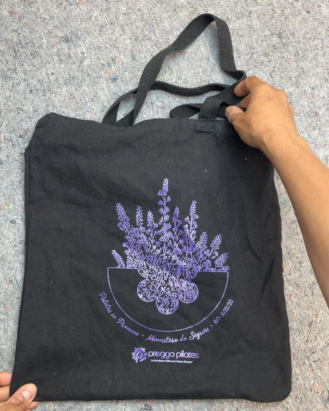 Preggo Pilates Black Tote Bag with Lavender Graphic